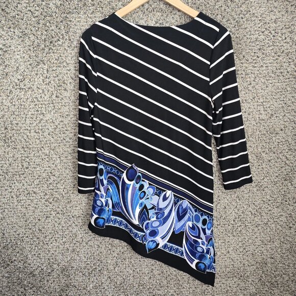 Chicos Travelers Top Womens 0 US Small Black Blue Tunic Scoop Neck Striped - Picture 2 of 7